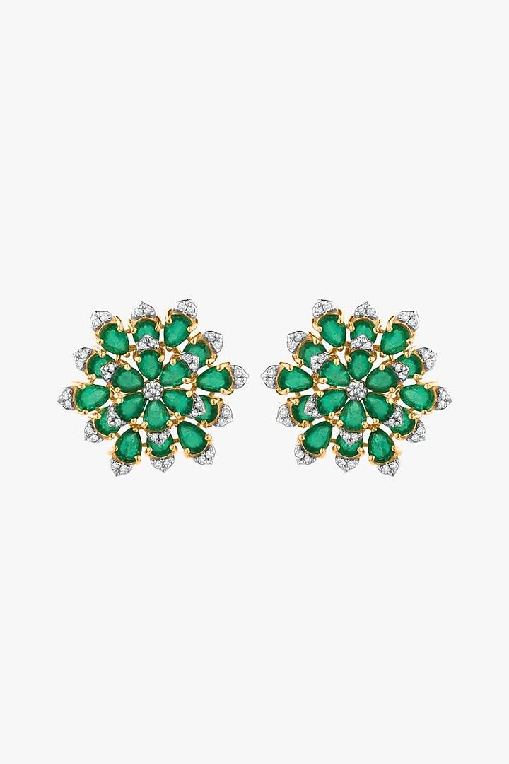 14kt Gold Finish Diamond & Emerald Stud Earrings by Mohar Fine Jewellery at Pernia's Pop Up Shop