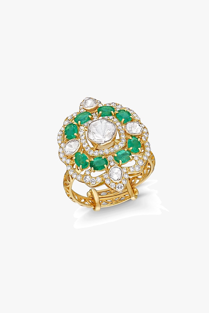 18kt Gold Finish Diamond & Emerald Ring by Mohar Fine Jewellery at Pernia's Pop Up Shop