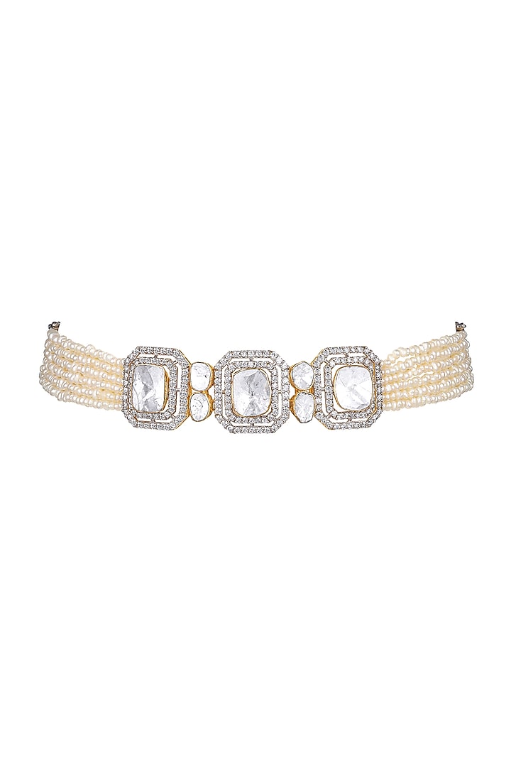 18kt Gold Finish Diamond & Pearl Choker Necklace by Mohar Fine Jewellery at Pernia's Pop Up Shop