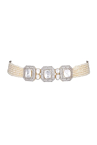 18kt Gold Finish Diamond & Pearl Choker Necklace by Mohar Fine Jewellery