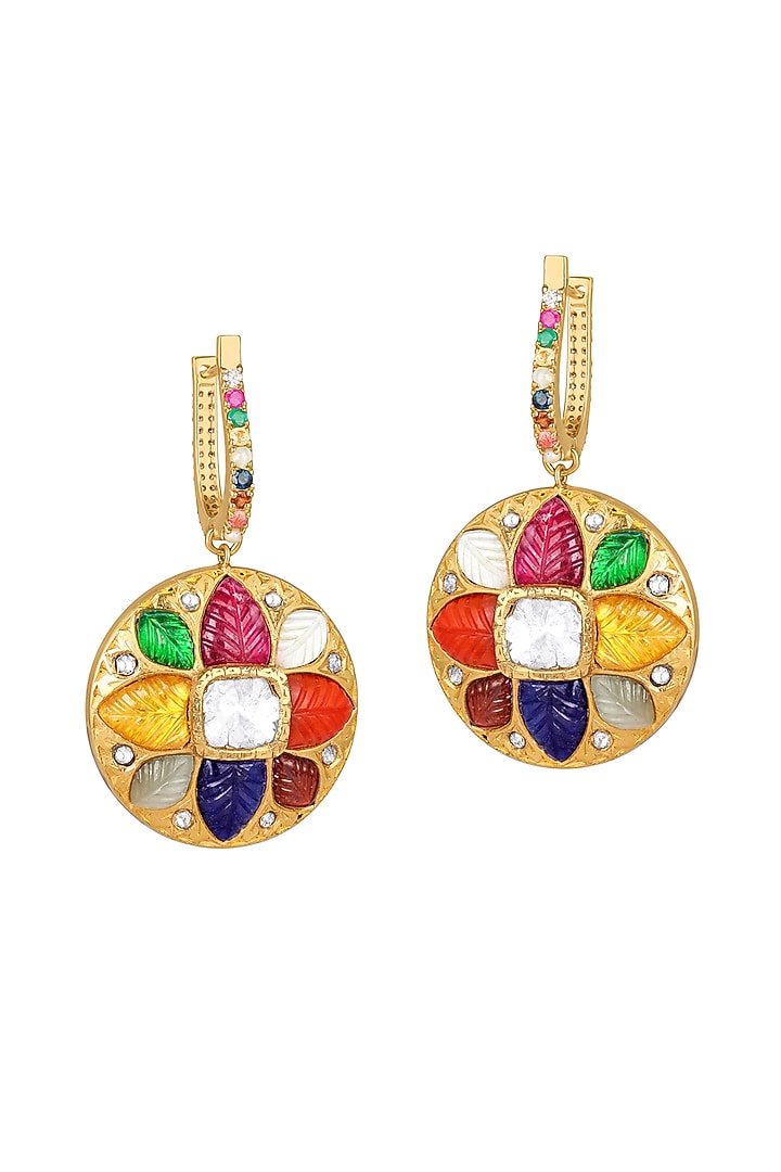 18kt Gold Finish Diamond & Navratna Stone Dangler Earrings by Mohar Fine Jewellery at Pernia's Pop Up Shop