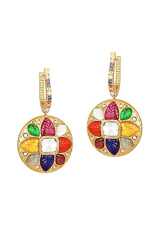 18kt Gold Finish Diamond & Navratna Stone Dangler Earrings by Mohar Fine Jewellery