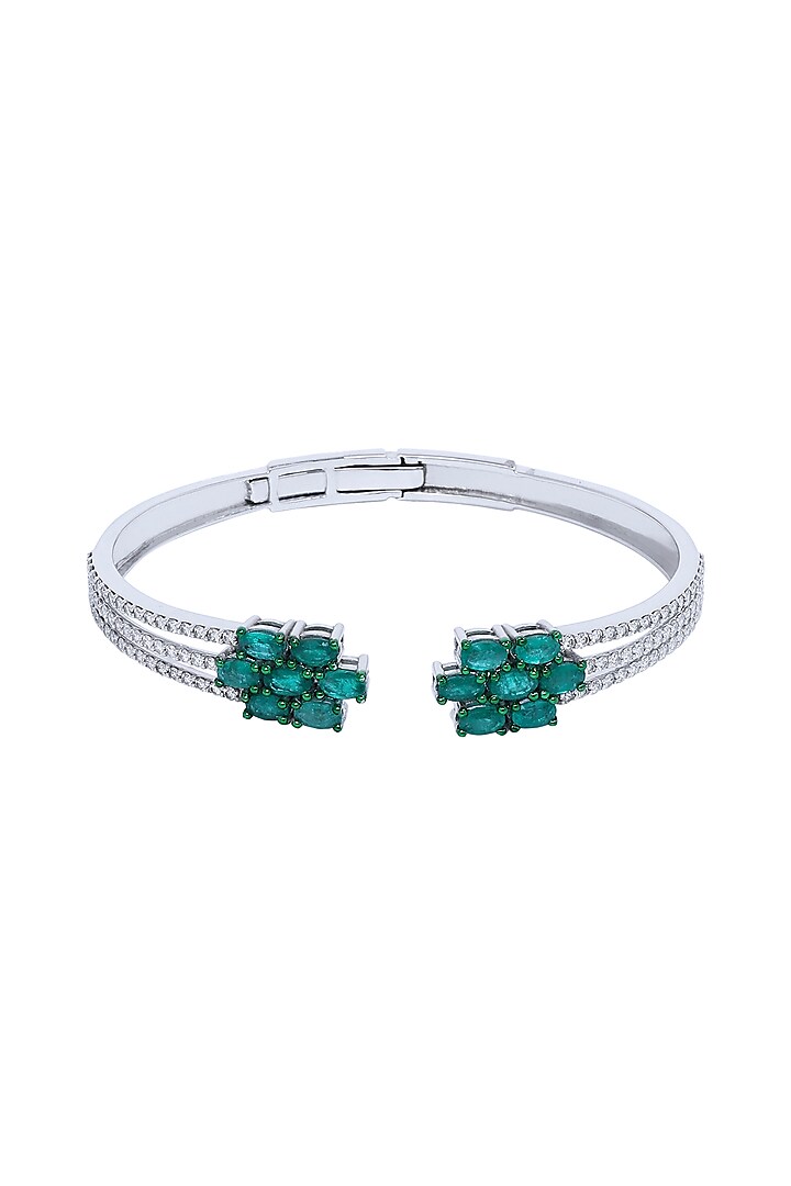 18kt White Finish Diamond & Natural Zambian Emerald Stone Openable Bracelet by Mohar Fine Jewellery at Pernia's Pop Up Shop