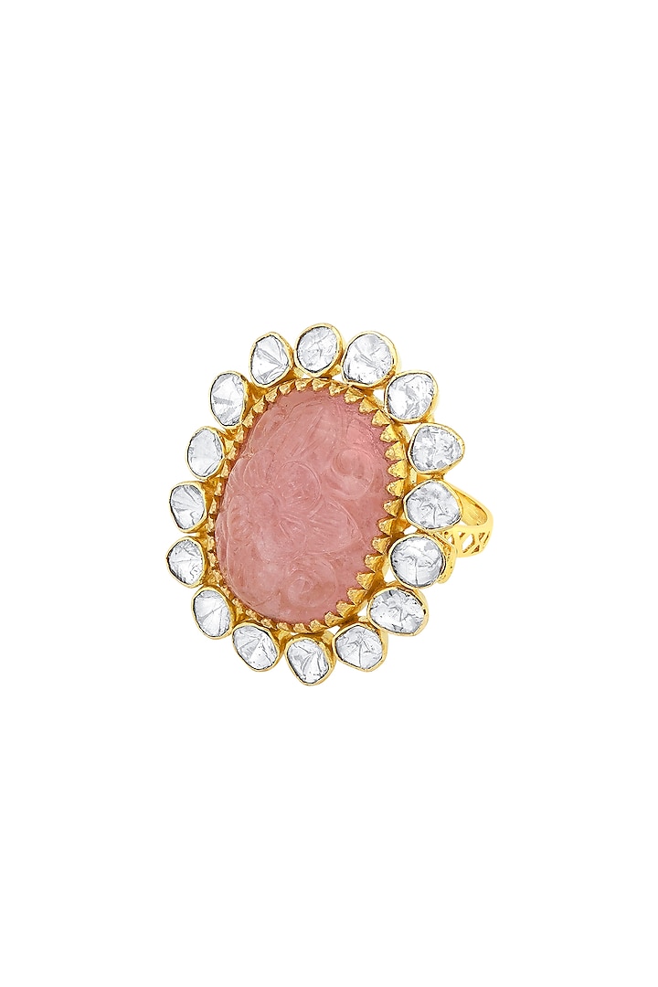 14kt Gold Finish Kundan Polki & Natural Morganite Carved Stone Ring by Mohar Fine Jewellery at Pernia's Pop Up Shop