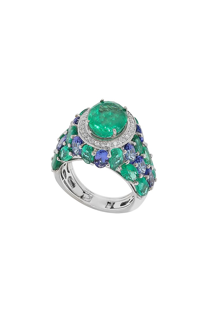 18kt White Finish Diamond & Natural Emerald Stone Ring by Mohar Fine Jewellery at Pernia's Pop Up Shop