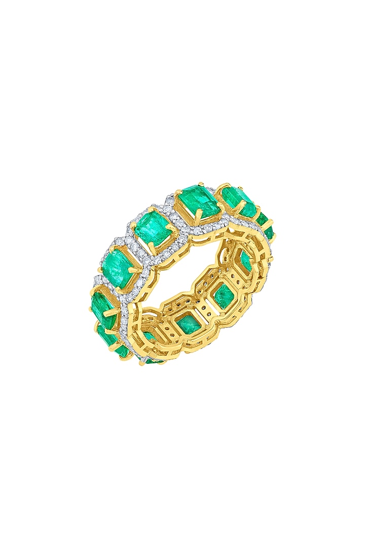 14kt Gold Finish Diamond & Natural Emerald Stone Ring by Mohar Fine Jewellery at Pernia's Pop Up Shop