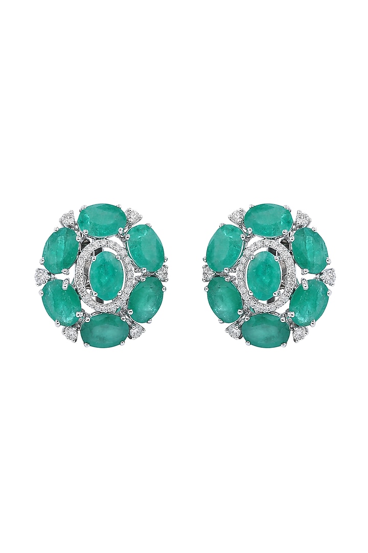 18kt White Finish Diamond & Natural Zambian Emerald Stone Stud Earrings by Mohar Fine Jewellery at Pernia's Pop Up Shop