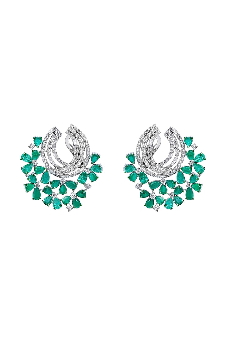 18kt White Finish Diamond & Natural Zambian Emerald Stone Stud Earrings by Mohar Fine Jewellery at Pernia's Pop Up Shop