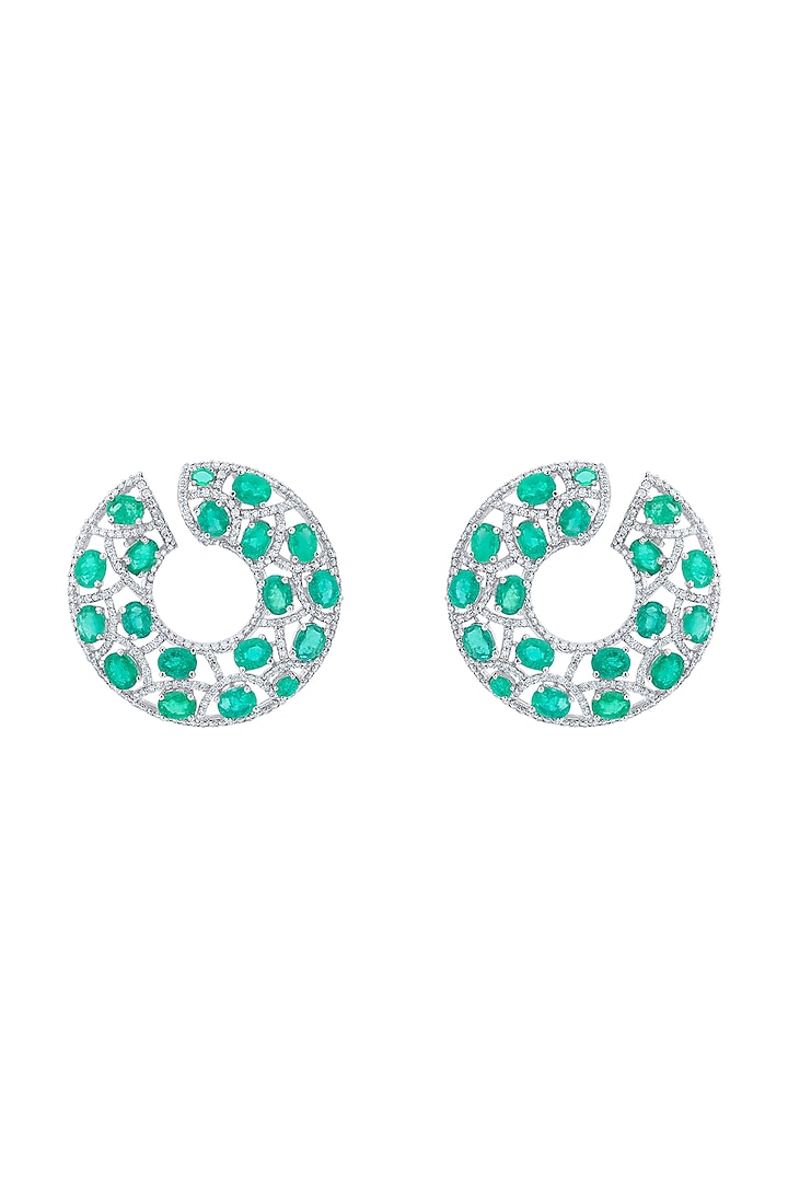 14kt White Finish Diamond & Natural Zambian Emerald Stone Stud Earrings by Mohar Fine Jewellery at Pernia's Pop Up Shop