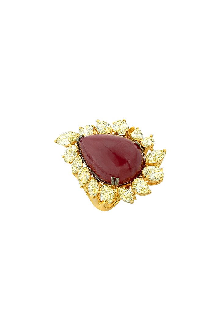 14kt Gold Finish Yellow Pan Diamond & Ruby Ring by Mohar Fine Jewellery at Pernia's Pop Up Shop