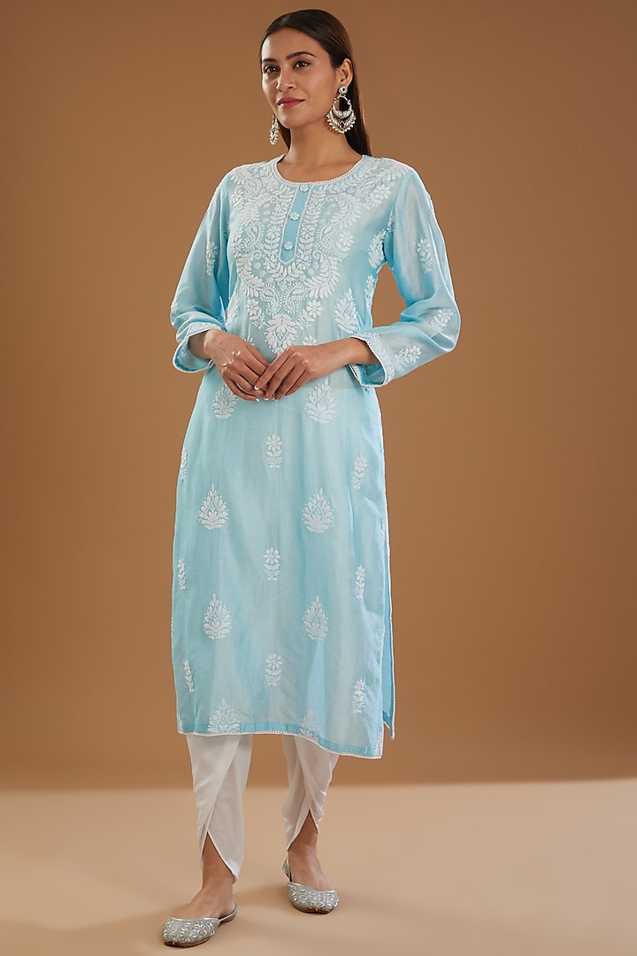 Ferozi Chanderi Silk Chikankari Kurta by The Mohi Studio at Pernia's Pop Up Shop