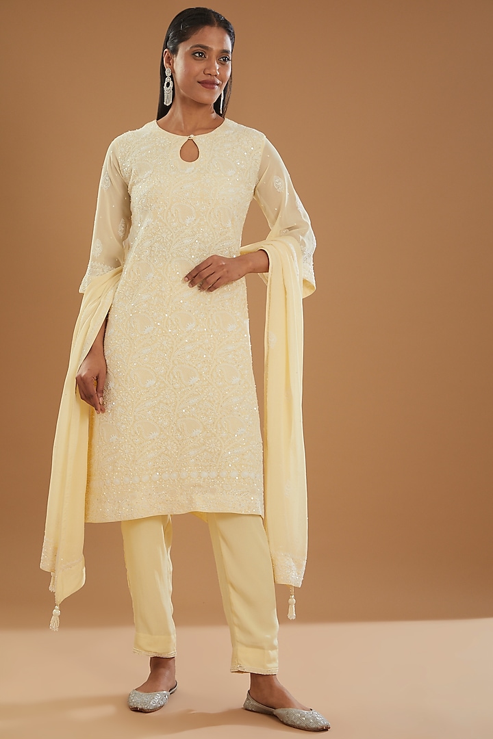 Yellow Georgette & Crepe Chikankari Kurta Set by The Mohi Studio at Pernia's Pop Up Shop