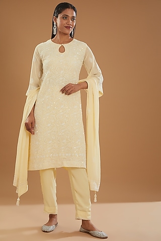 Yellow Georgette & Crepe Chikankari Kurta Set by The Mohi Studio