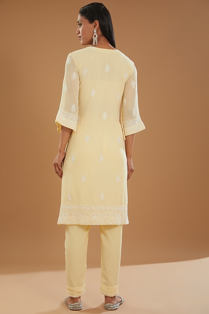 Yellow Georgette & Crepe Chikankari Kurta Set by The Mohi Studio at Pernia's Pop Up Shop