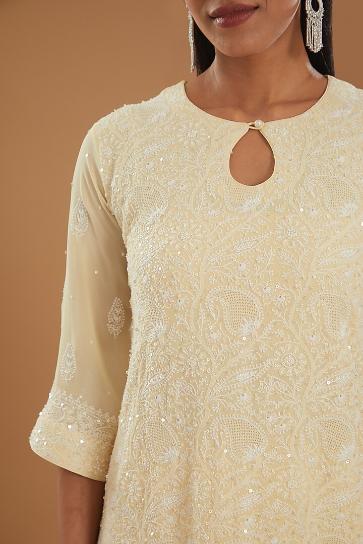 Yellow Georgette & Crepe Chikankari Kurta Set by The Mohi Studio at Pernia's Pop Up Shop
