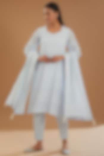 Ice Blue Georgette & Crepe Chikankari Kurta Set by The Mohi Studio at Pernia's Pop Up Shop