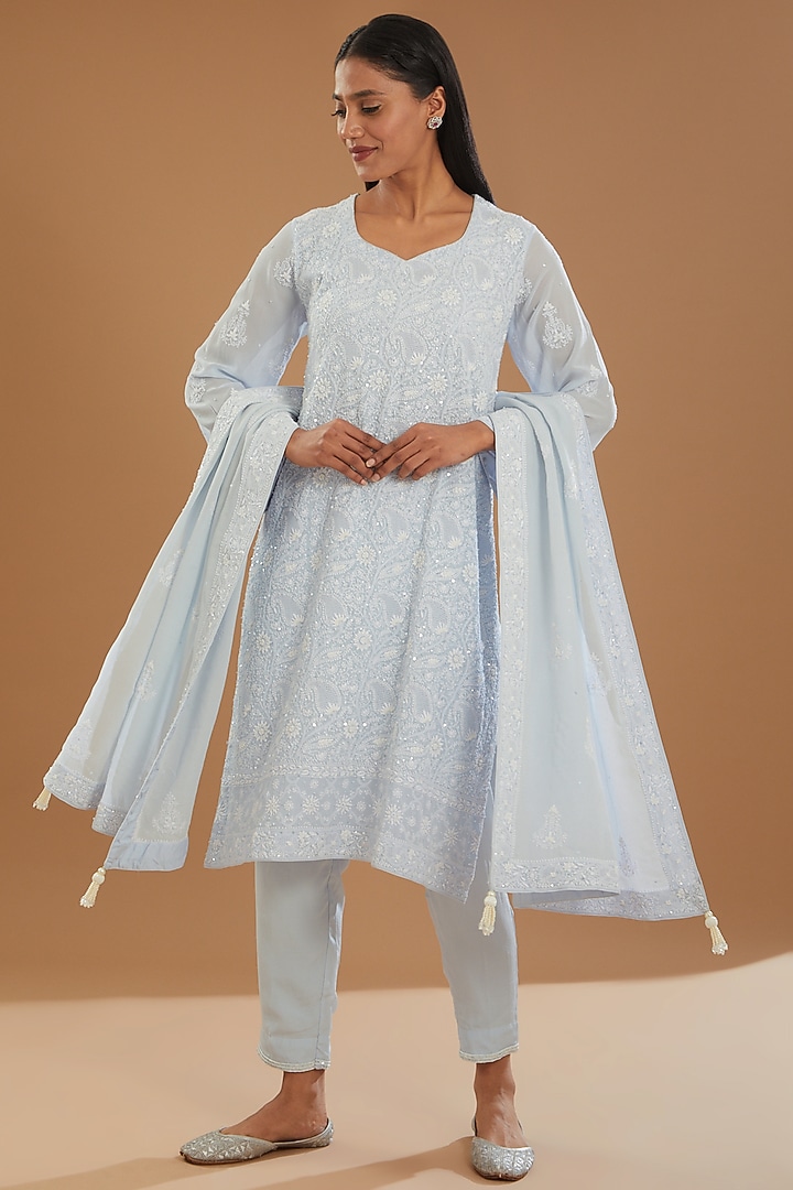 Ice Blue Georgette & Crepe Chikankari Kurta Set by The Mohi Studio at Pernia's Pop Up Shop