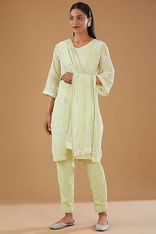 Pista Green Georgette & Crepe Chikankari Kurta Set by The Mohi Studio