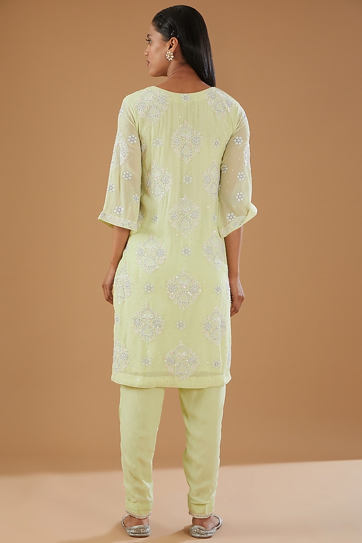 Pista Green Georgette & Crepe Chikankari Kurta Set by The Mohi Studio at Pernia's Pop Up Shop