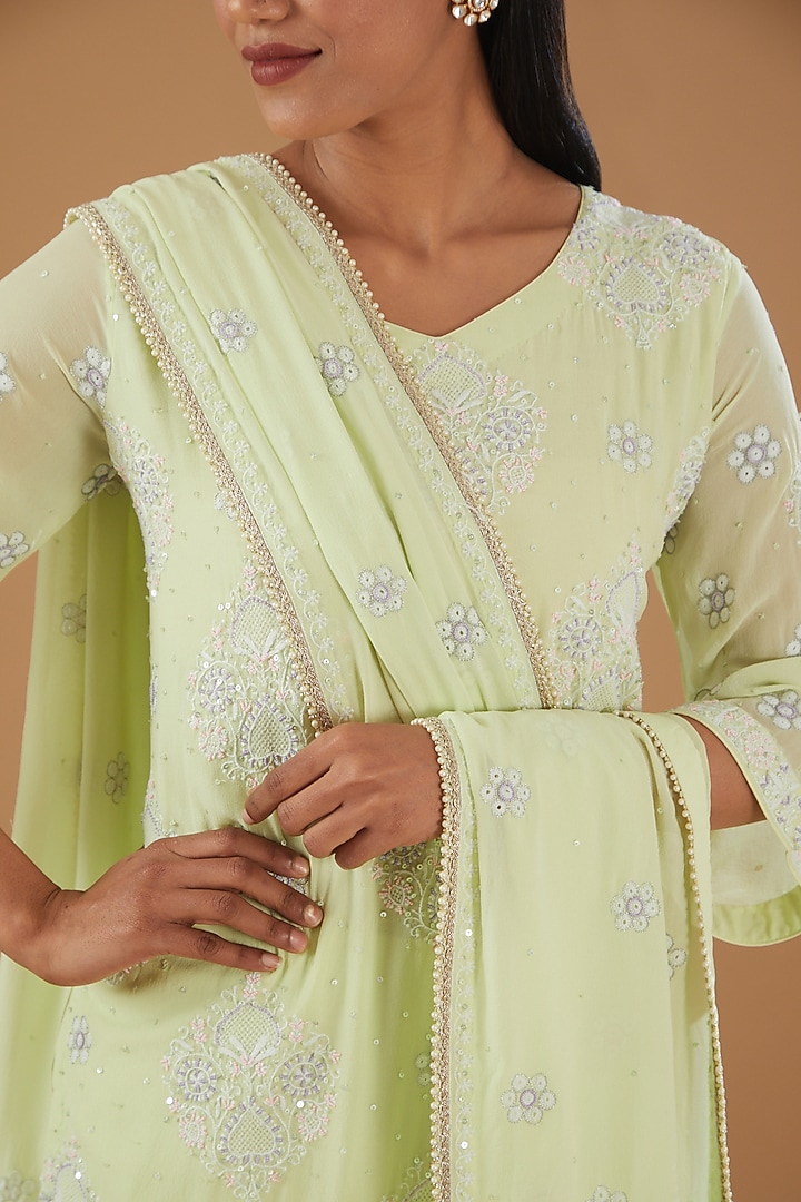Pista Green Georgette & Crepe Chikankari Kurta Set by The Mohi Studio at Pernia's Pop Up Shop