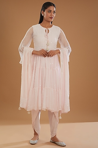 Baby Pink Georgette & Chiffon Chikankari Layered Kurta Set by The Mohi Studio