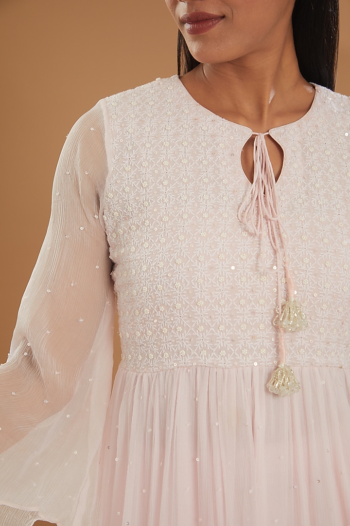 Baby Pink Georgette & Chiffon Chikankari Layered Kurta Set by The Mohi Studio at Pernia's Pop Up Shop