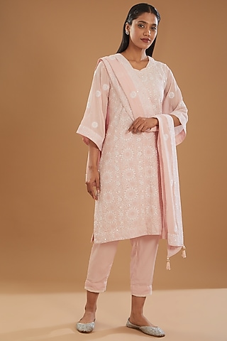 Onion Pink Georgette & Crepe Chikankari Kurta Set by The Mohi Studio
