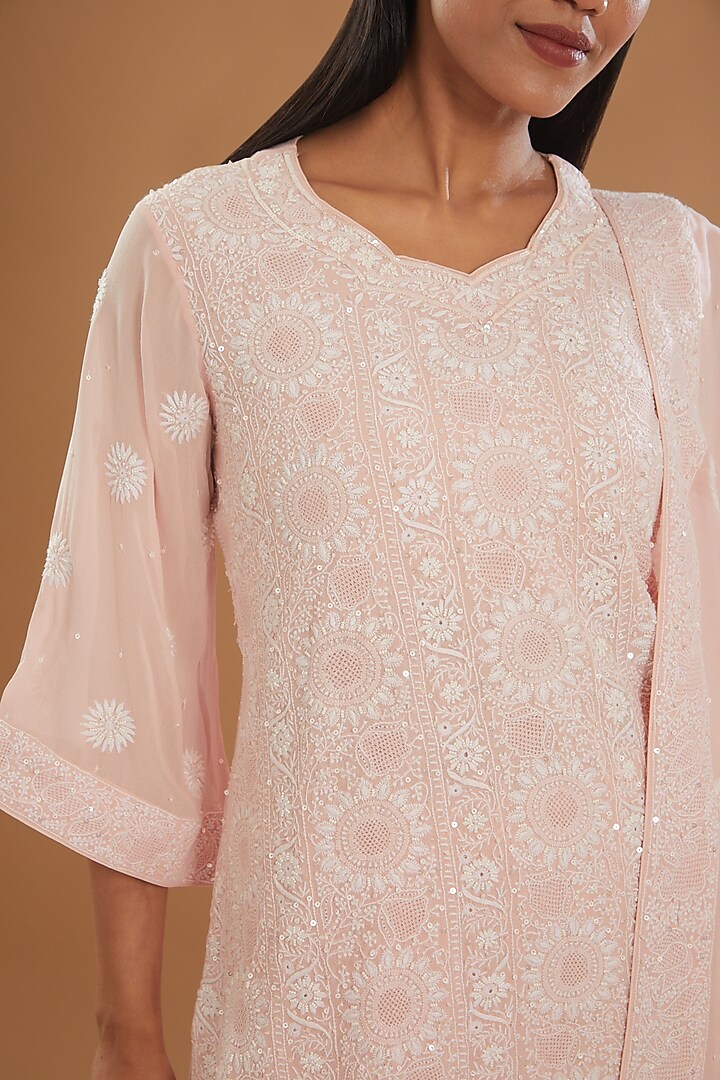 Onion Pink Georgette & Crepe Chikankari Kurta Set by The Mohi Studio at Pernia's Pop Up Shop