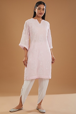 Baby Pink Georgette & Modal Chikankari Kurta Set by The Mohi Studio