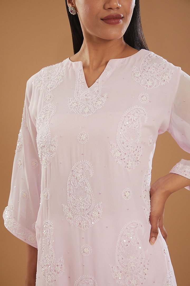 Baby Pink Georgette & Modal Chikankari Kurta Set by The Mohi Studio at Pernia's Pop Up Shop