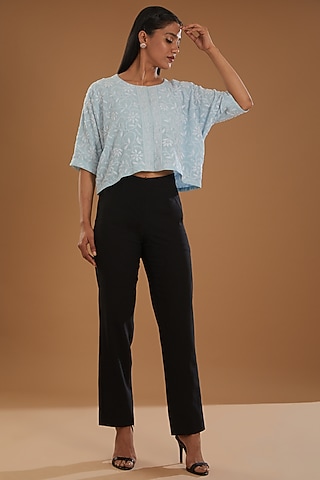 Ice Blue Georgette Chikankari Crop Top by The Mohi Studio