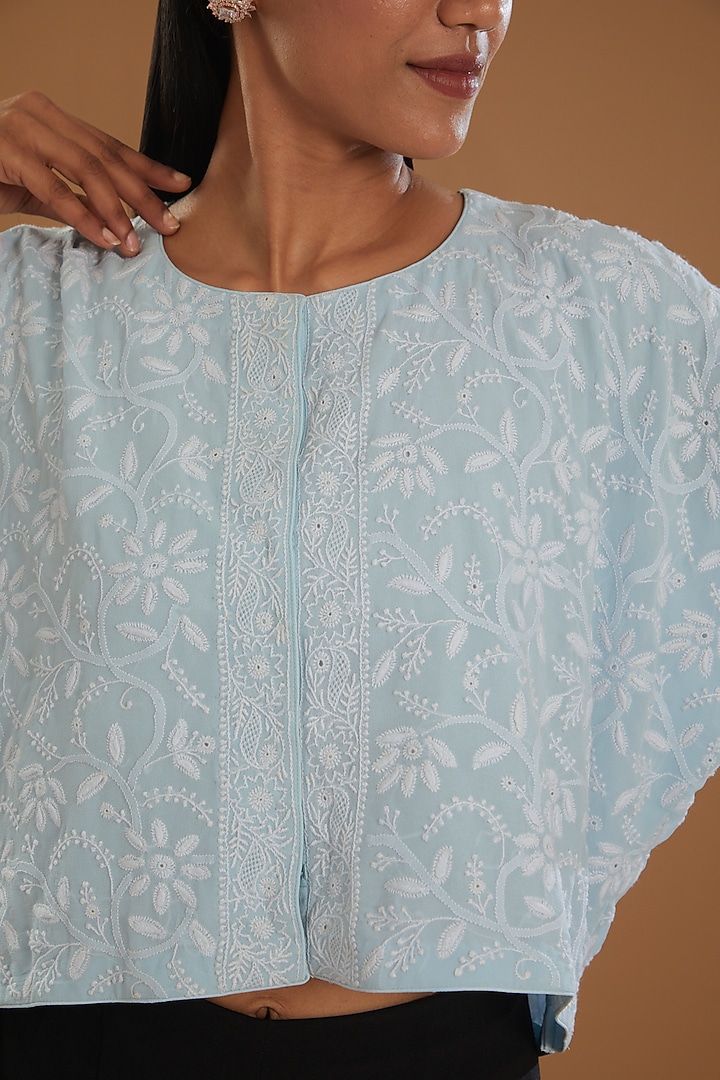 Ice Blue Georgette Chikankari Crop Top by The Mohi Studio at Pernia's Pop Up Shop