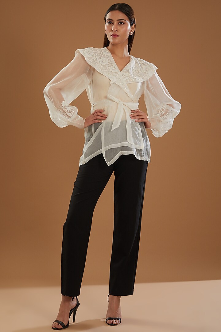 Beige Organza Chikankari Embellished Top With Belt by The Mohi Studio
