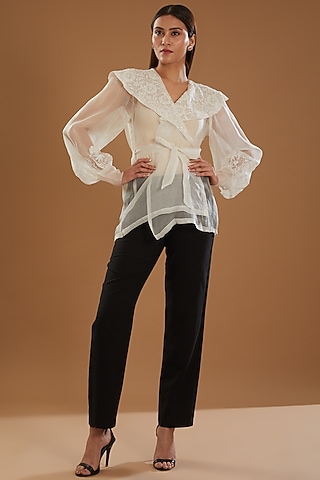 Beige Organza Chikankari Embellished Top With Belt by The Mohi Studio