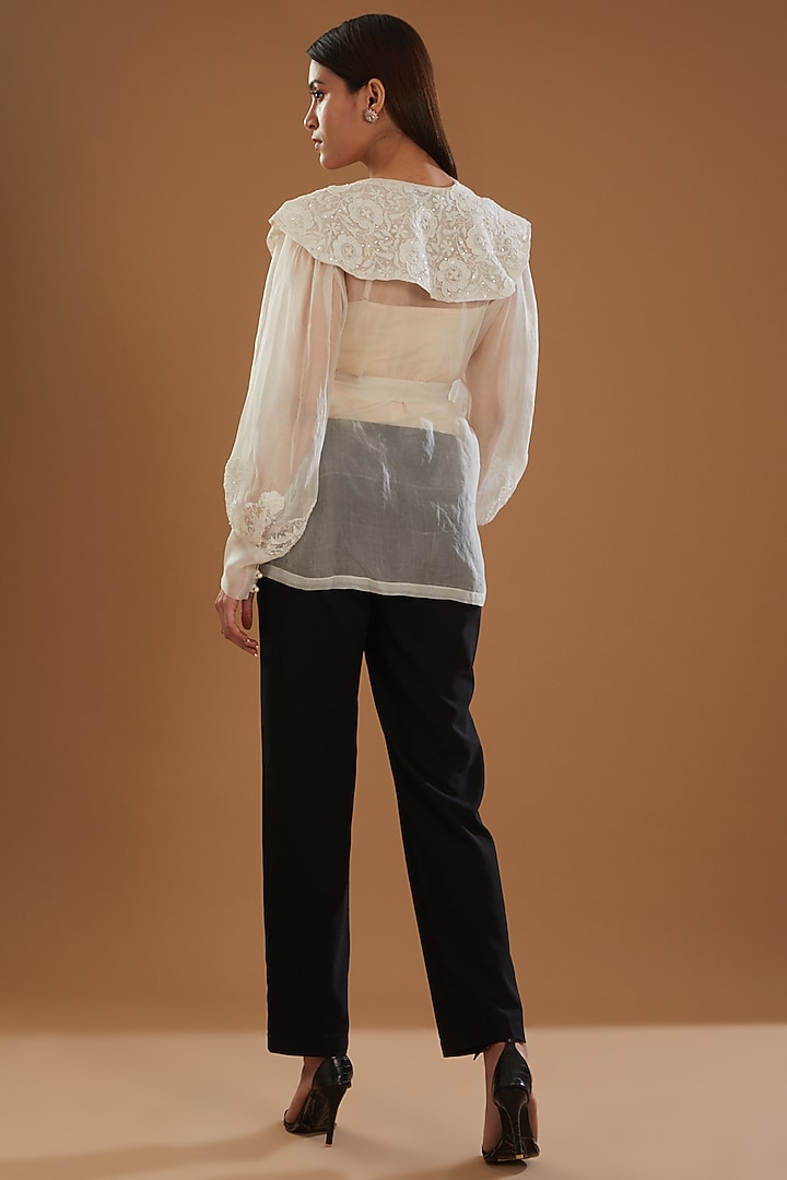 Beige Organza Chikankari Embellished Top With Belt by The Mohi Studio at Pernia's Pop Up Shop