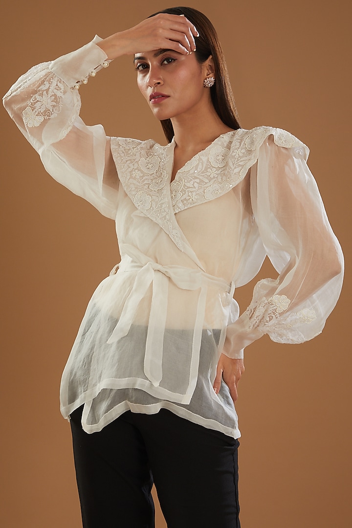 Beige Organza Chikankari Embellished Top With Belt by The Mohi Studio at Pernia's Pop Up Shop