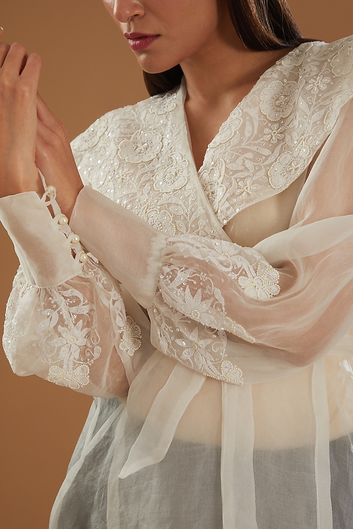 Beige Organza Chikankari Embellished Top With Belt by The Mohi Studio at Pernia's Pop Up Shop