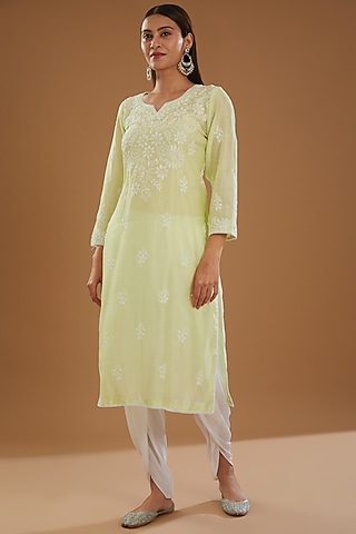 Lime Green Chanderi Silk Chikankari Kurta by The Mohi Studio
