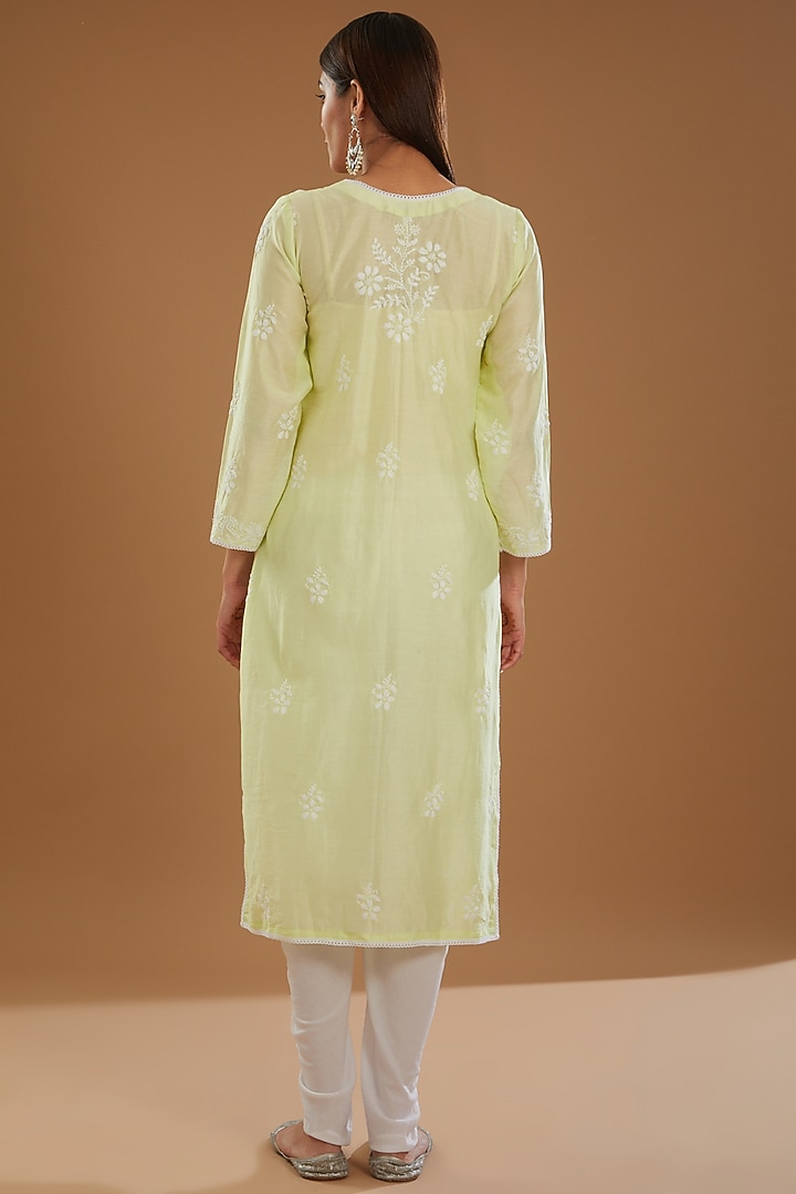 Lime Green Chanderi Silk Chikankari Kurta by The Mohi Studio at Pernia's Pop Up Shop