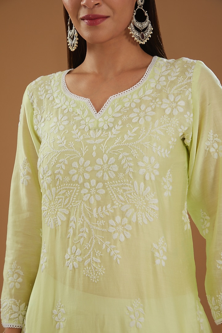 Lime Green Chanderi Silk Chikankari Kurta by The Mohi Studio at Pernia's Pop Up Shop