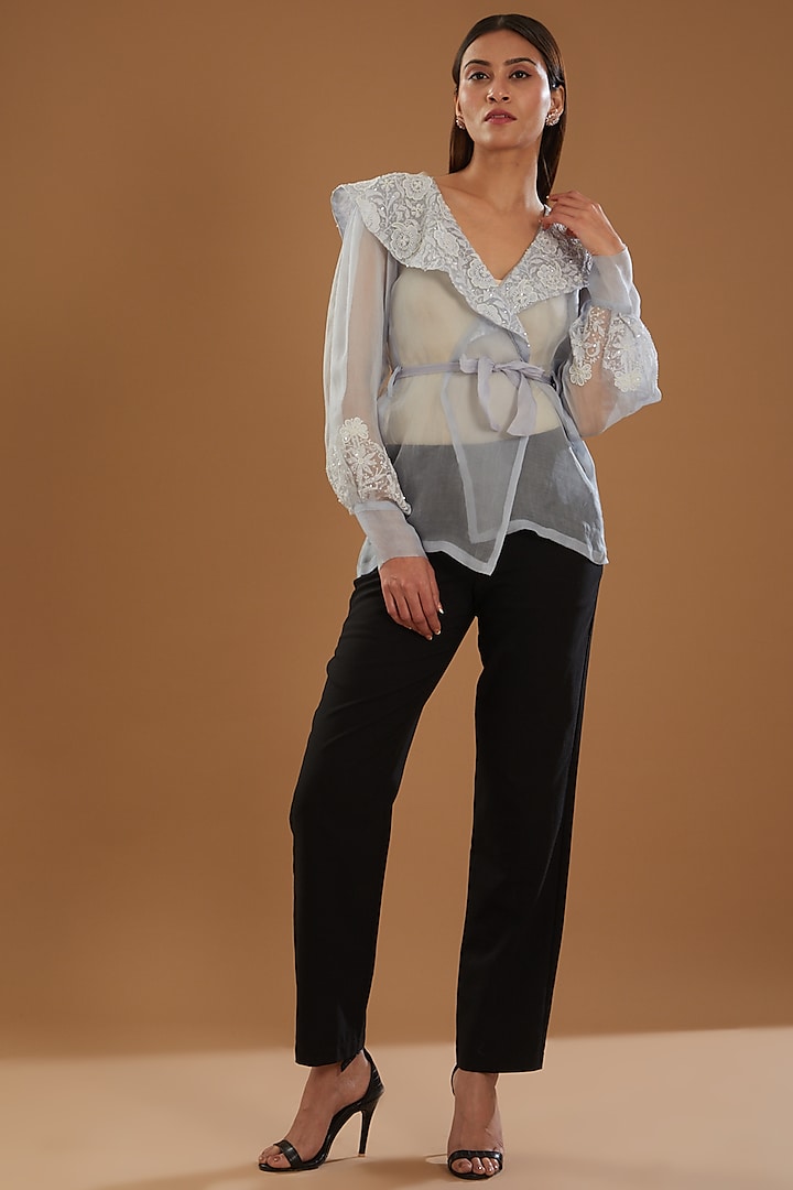 Blue Organza Chikankari Top With Belt by The Mohi Studio