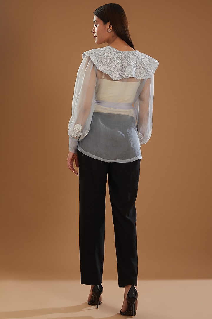 Blue Organza Chikankari Top With Belt by The Mohi Studio at Pernia's Pop Up Shop
