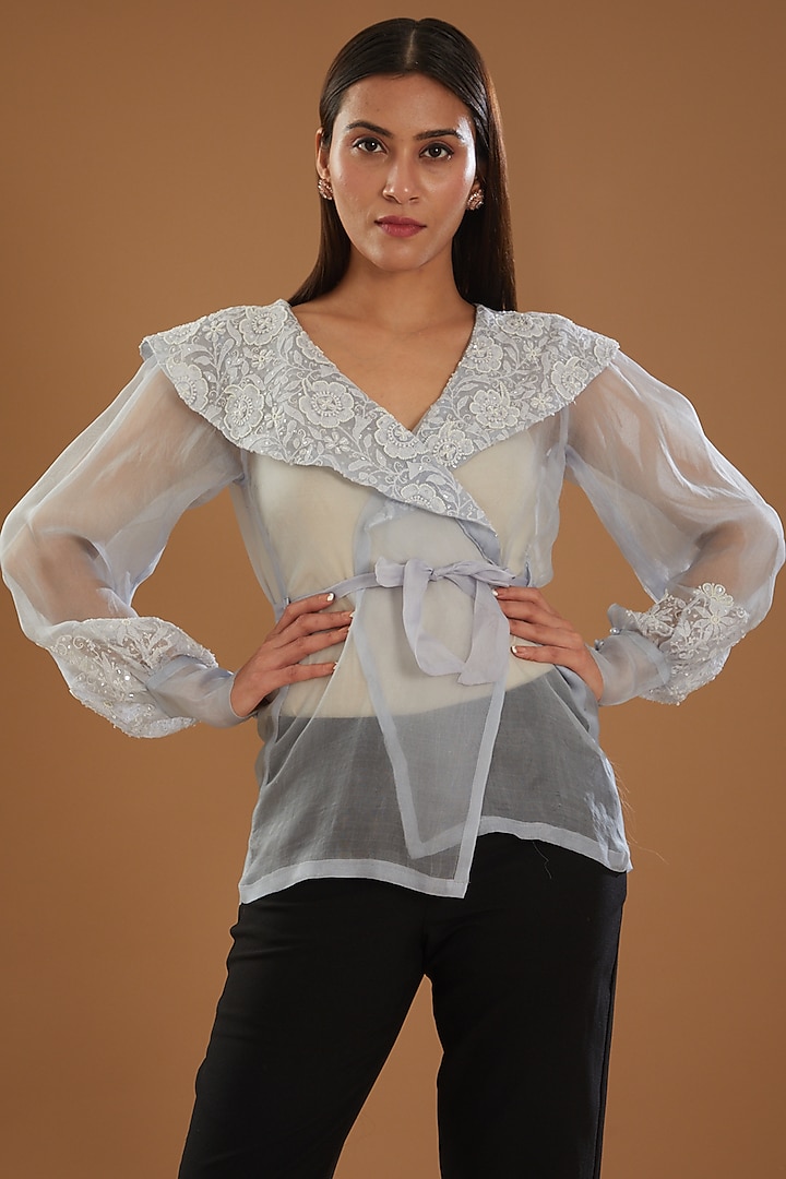 Blue Organza Chikankari Top With Belt by The Mohi Studio at Pernia's Pop Up Shop