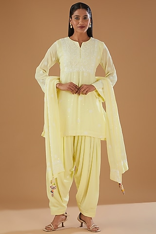 Yellow Georgette & Crepe Chikankari Kurta Set by The Mohi Studio