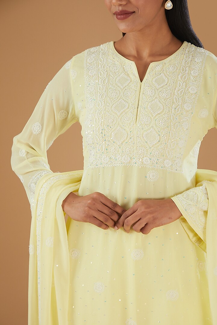 Yellow Georgette & Crepe Chikankari Kurta Set by The Mohi Studio at Pernia's Pop Up Shop