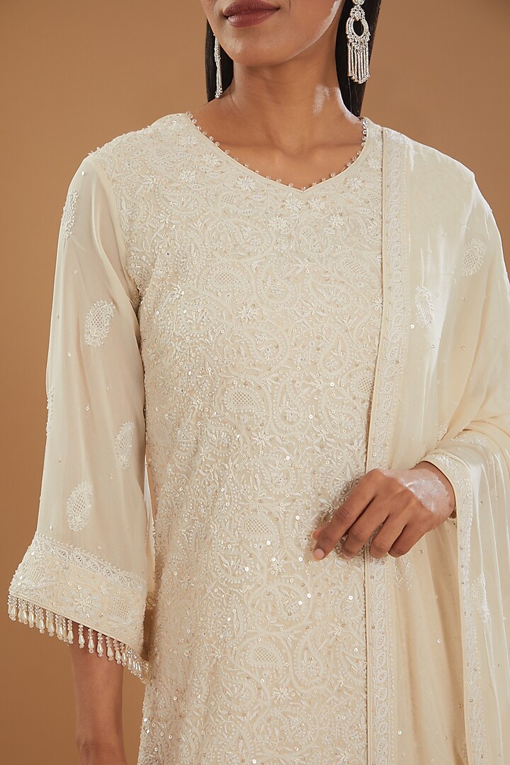 Beige Georgette & Crepe Chikankari Kurta Set by The Mohi Studio at Pernia's Pop Up Shop