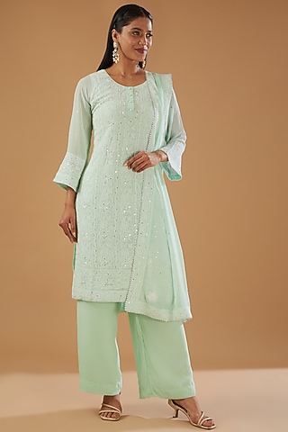 Sea Green Georgette & Crepe Chikankari Kurta Set by The Mohi Studio