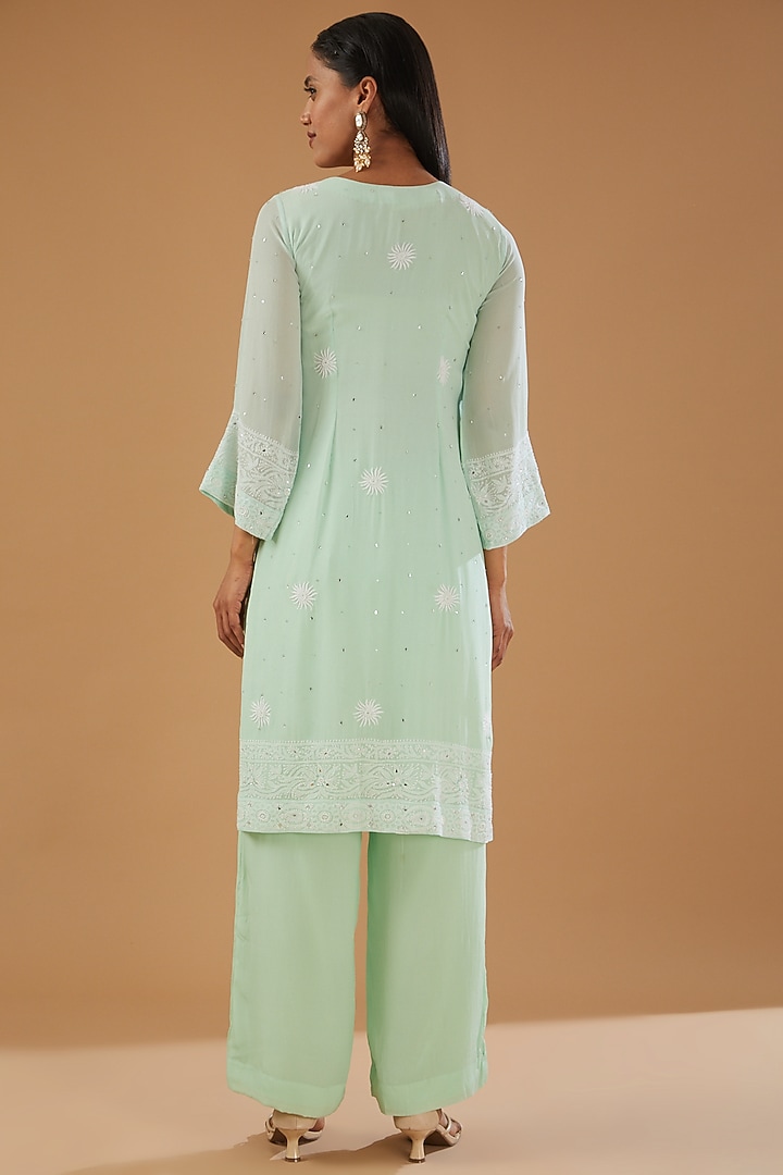 Sea Green Georgette & Crepe Chikankari Kurta Set by The Mohi Studio at Pernia's Pop Up Shop