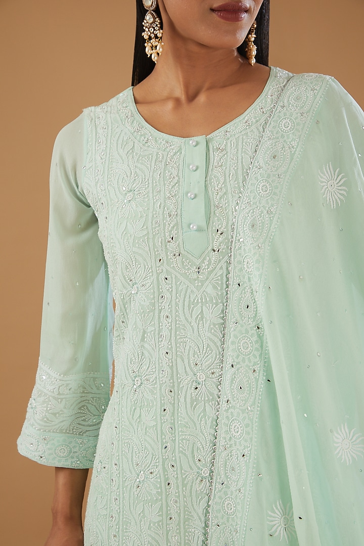 Sea Green Georgette & Crepe Chikankari Kurta Set by The Mohi Studio at Pernia's Pop Up Shop