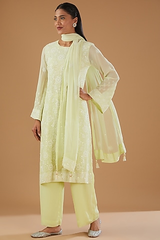 Lime Green Georgette & Crepe Chikankari Kurta Set by The Mohi Studio